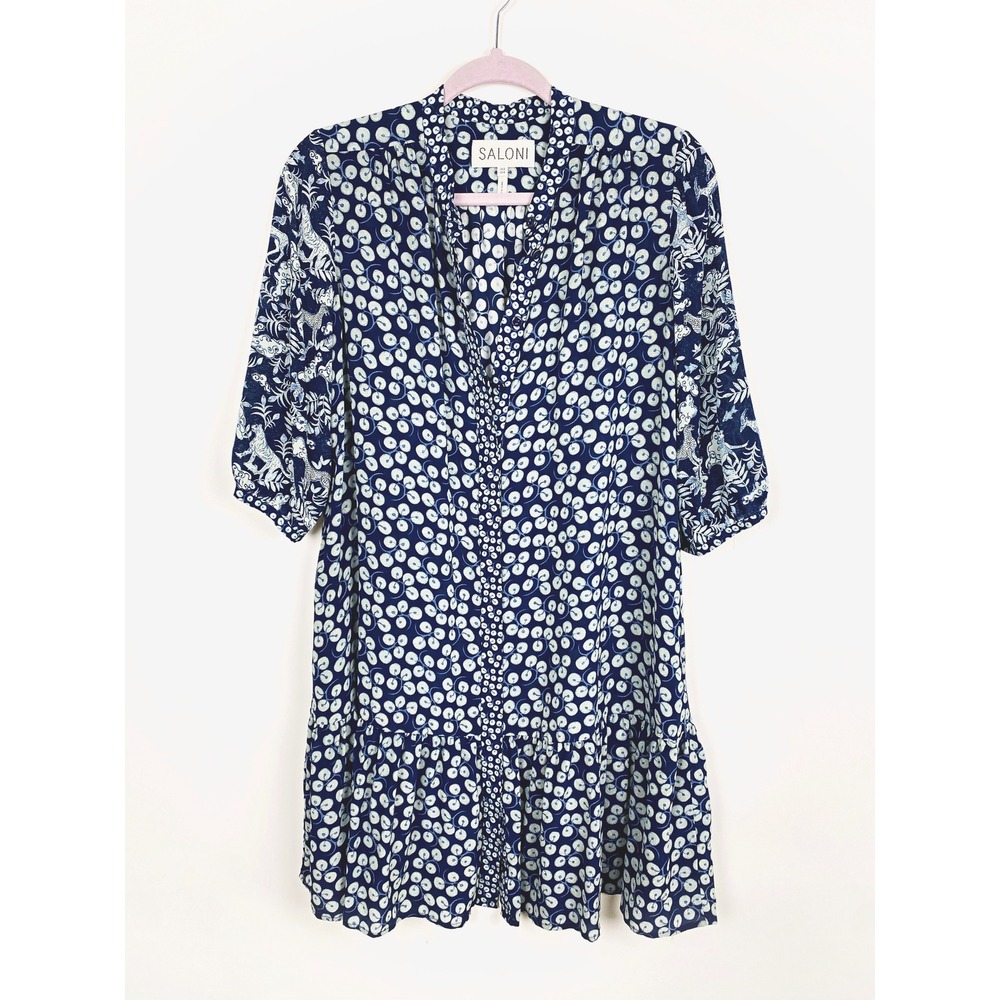 Saloni Tyra 100% Silk Mixed Print Tiered Mini Dress US 4